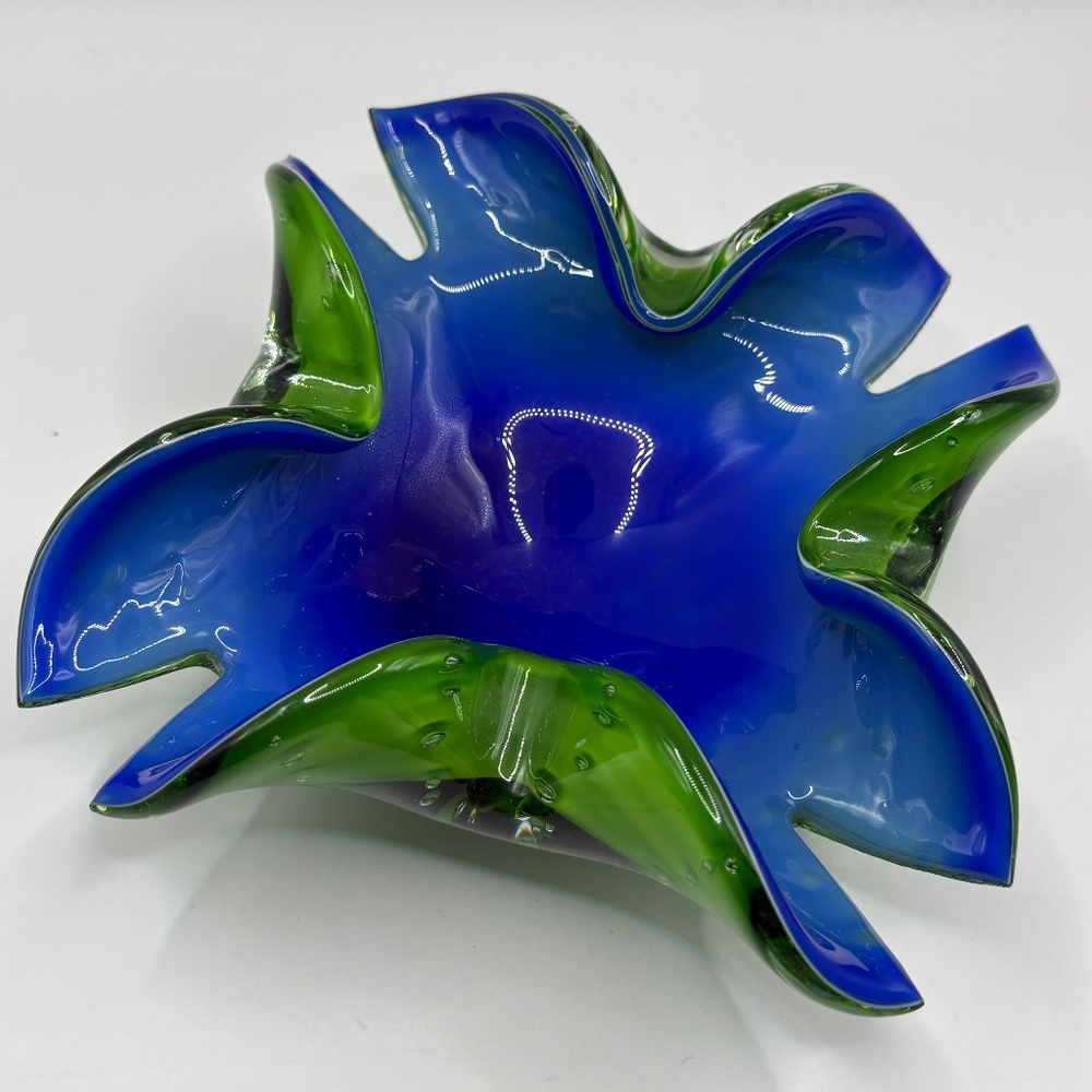 Vintage Cobalt Blue & Green Floral Glass Decorative Piece